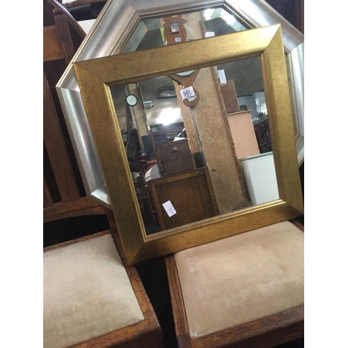 501 - 2 MODERN SQUARE WOOD FRAMED MIRRORS - 40CM X 40CM PLUS A MODERN WOOD FRAMED OCTAGONAL MIRROR WITH BE... 