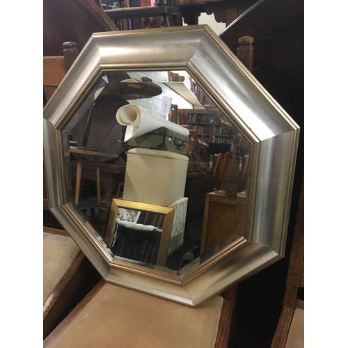 501 - 2 MODERN SQUARE WOOD FRAMED MIRRORS - 40CM X 40CM PLUS A MODERN WOOD FRAMED OCTAGONAL MIRROR WITH BE... 