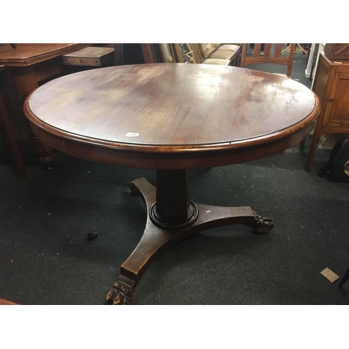 503 - VICTORIAN DARK MAHOGANY LOO TABLE ON TRIANGULAR BASE WITH  PEDESTAL WITH CLAW FEET - 3ft 3