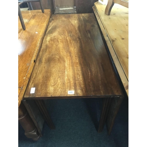 508 - ANTIQUE MAHOGANY DROP FLAP DINING TABLE WITH CARVED LEGS 21'' WIDE X 4ft LONG, EXTENDS TO 5ft LONG