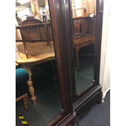 518 - DARK MAHOGANY & SATIN WOOD TRIPLE MIRROR FRONTED FITTED WARDROBE, 7ft WIDE X 8ft HIGH