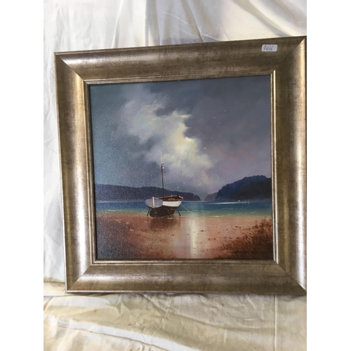 545 - 2 OILS ON CANVAS OF LOW WATER COASTAL SCENE OF BEACHED BOATS BY GRAHAM PETLEY