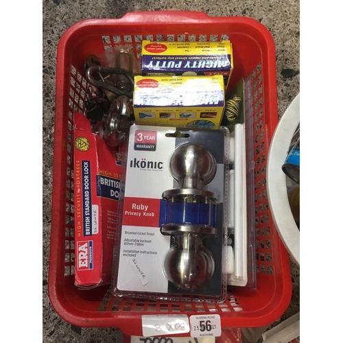 56 - RED BASKET OF LOCKS, DOOR HANDLE, SINK KIT, LIFE JACKETS, SPRAY PAINTS