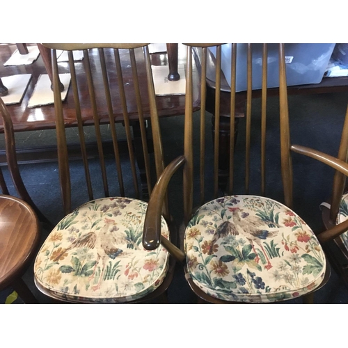 561 - SET OF 6 ERCOL DINING CHAIRS (4 PLUS 2 CARVERS) WITH ORIGINAL CUSHIONS