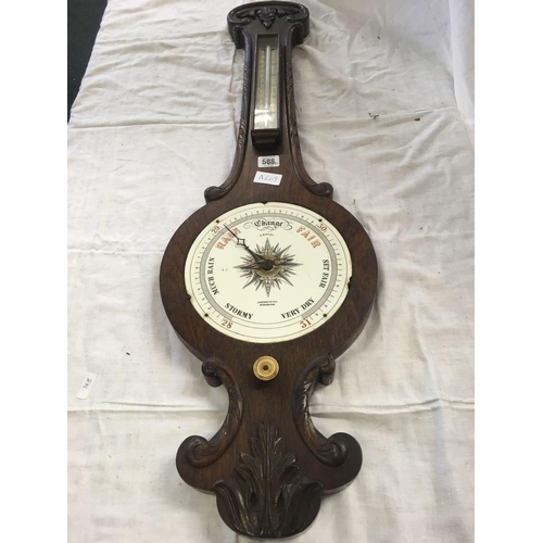 588 - CARVED OAK BANJO BAROMETER & THERMOMETER A/F (NO GLASS)