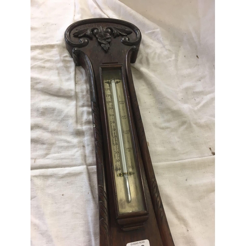 588 - CARVED OAK BANJO BAROMETER & THERMOMETER A/F (NO GLASS)