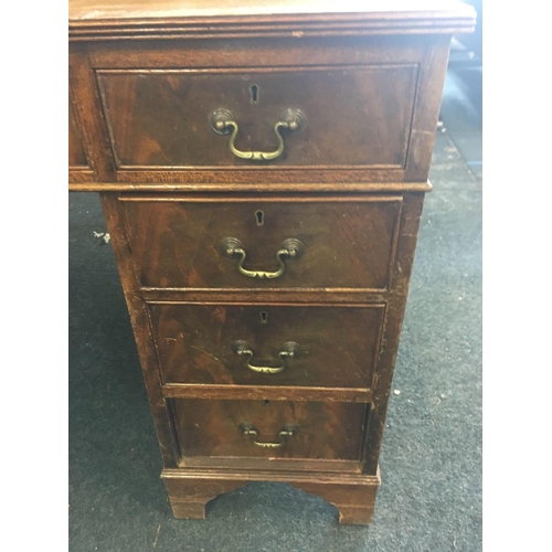 595 - MAHOGANY REPRODUCTION TWIN PEDESTAL LEATHER TOP DESK WITH 1 LONG & 8 SHORT DRAWERS WITH BRASS DROP H... 