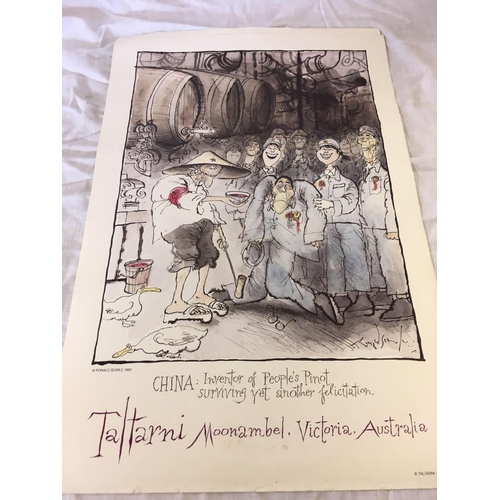 600 - THIRTEEN WINE RELATED ADVERTISING POSTERS DESIGNED BY RONALD SEARLE FROM THE 1980'S. SOME LIGHT CREA... 