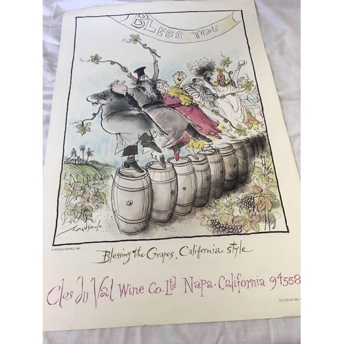 600 - THIRTEEN WINE RELATED ADVERTISING POSTERS DESIGNED BY RONALD SEARLE FROM THE 1980'S. SOME LIGHT CREA... 