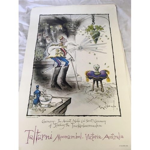 600 - THIRTEEN WINE RELATED ADVERTISING POSTERS DESIGNED BY RONALD SEARLE FROM THE 1980'S. SOME LIGHT CREA... 