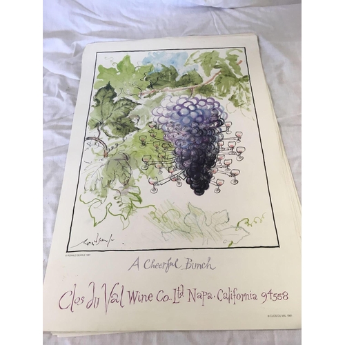 600 - THIRTEEN WINE RELATED ADVERTISING POSTERS DESIGNED BY RONALD SEARLE FROM THE 1980'S. SOME LIGHT CREA... 