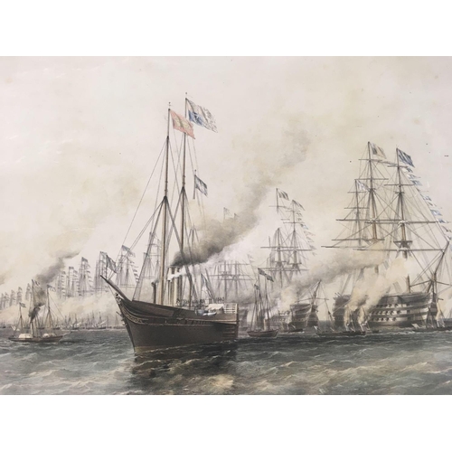 602 - LARGE ANTIQUE LITHOGRAPH OF A VAST ARMADA OF SAILING GUN SHIPS, MOORED IN LINE  OFF THE COAST