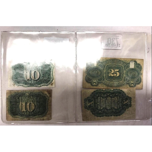 730 - USA FOUR FRACTIONAL CURRENCY NOTES ISSUED DURING THE AMERICAN CIVIL WAR IN THE 1860'S