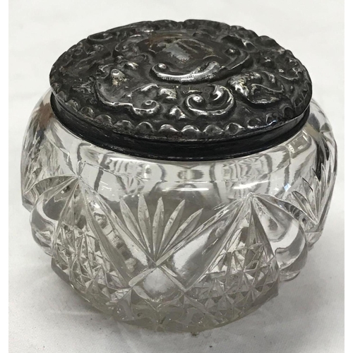 746 - AN EMBOSSED SILVER JAR WITH GLASS BODY - B'HAM 1904