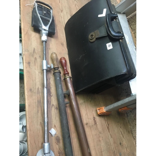 75 - BLACK METAL DEED BOX, BRIEF CASE, SHOOTING STICK & 2 BRASS GARDEN SPRAYS