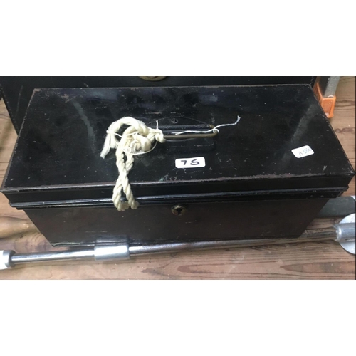 75 - BLACK METAL DEED BOX, BRIEF CASE, SHOOTING STICK & 2 BRASS GARDEN SPRAYS