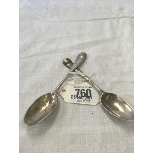 760 - PAIR OF EARLY GEORGE III BOTTOM MARKED SPOONS