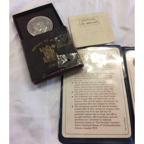 864 - 3 FESTIVAL OF BRITAIN CROWNS, 2 BRITAIN'S FIRST DECIMAL COINS WALLET, 1 1953 CORONATION UNCIRCULATED... 