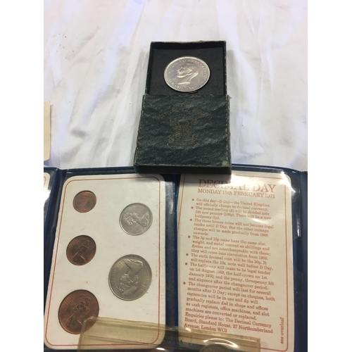 864 - 3 FESTIVAL OF BRITAIN CROWNS, 2 BRITAIN'S FIRST DECIMAL COINS WALLET, 1 1953 CORONATION UNCIRCULATED... 