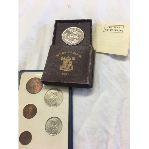 864 - 3 FESTIVAL OF BRITAIN CROWNS, 2 BRITAIN'S FIRST DECIMAL COINS WALLET, 1 1953 CORONATION UNCIRCULATED... 