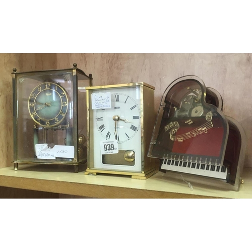 939 - BRASS FRAMED SMITH'S CLOCK, TORSION CLOCK BY KIENZLE A/F & A MUSICAL PIANO TRINKET BOX