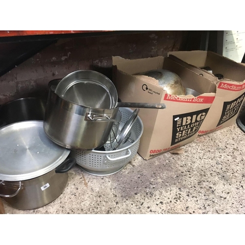 96 - LARGE QTY OF ALUMINIUM STAINLESS STEEL & COMMERCIAL COOKING POTS & PANS, STRAINERS ETC