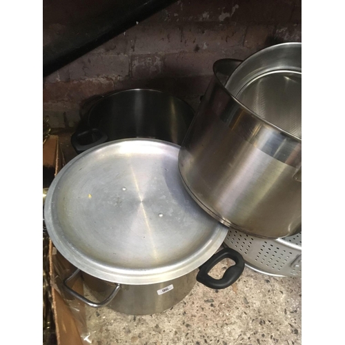 96 - LARGE QTY OF ALUMINIUM STAINLESS STEEL & COMMERCIAL COOKING POTS & PANS, STRAINERS ETC