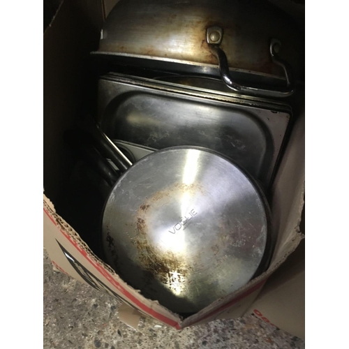 96 - LARGE QTY OF ALUMINIUM STAINLESS STEEL & COMMERCIAL COOKING POTS & PANS, STRAINERS ETC