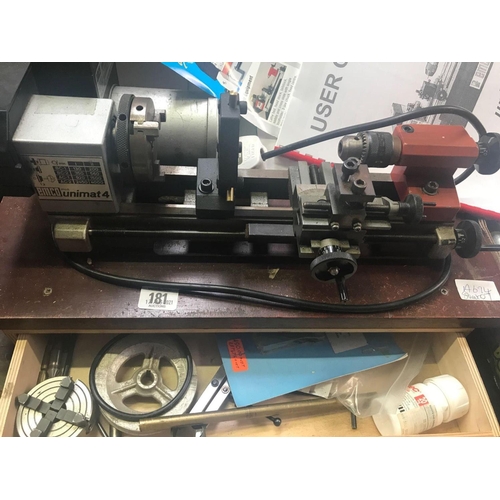181 - EMCO UNI MAT 4 LATHE WITH 3 JAW & 4 JAW CHUCKS, DRAWER OF TOOLS, MANUALS