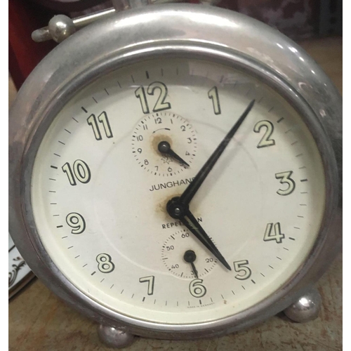 SHELF WITH VARIOUS CLOCKS INCL A JUNGHANS PETER ALARM CLOCK A