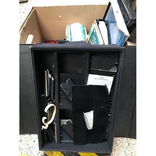 43 - CARTON WITH QTY OF EMPTY JEWELLERY BOXES, GILT MOUNTED PHOTO ALBUM & WATCH COLLECTORS BOX
