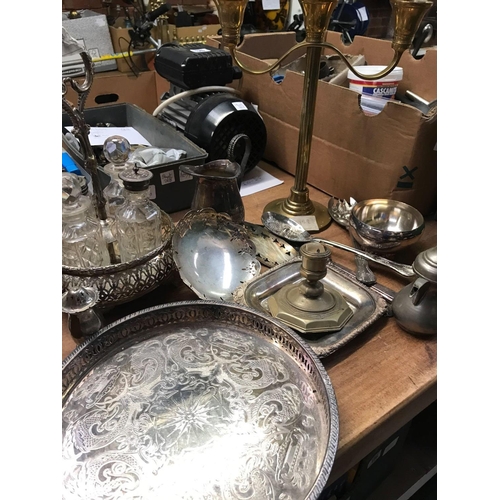 47 - CARTON WITH BRASS 3 BRANCH CANDLE STICK, CRUET SET & OTHER METALWARE