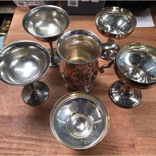 53 - CARTON WITH 2 EPNS TANKARDS & QTY OF FRUIT SALAD BOWLS