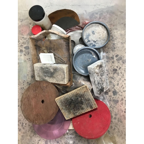 9 - CARTON WITH SAWN STONE SLICES, APPROX 1/4'' THICK FOR JEWELLERY TUMBLING & OTHER CONTENTS