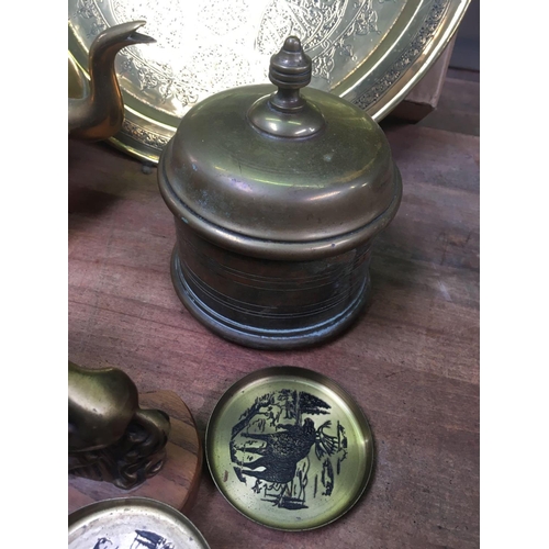 117 - CARTON WITH BRASS KETTLE, WOOD & BRASS BOOKENDS, BRASS TRAYS & A MARTINGALE