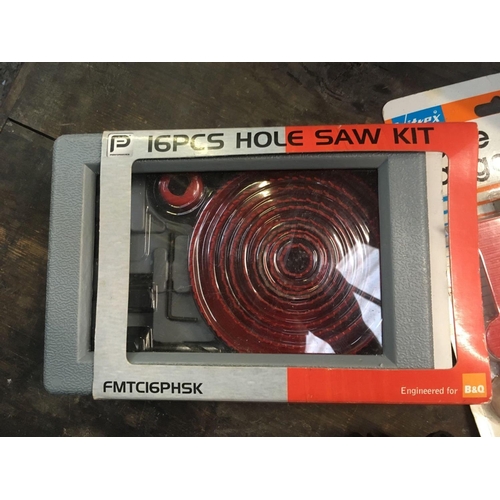 13 - 16 PIECE HOLE SAW KIT, NEW IN BOX, POP RIVETER, PROFILE GAUGE & POP RIVETS