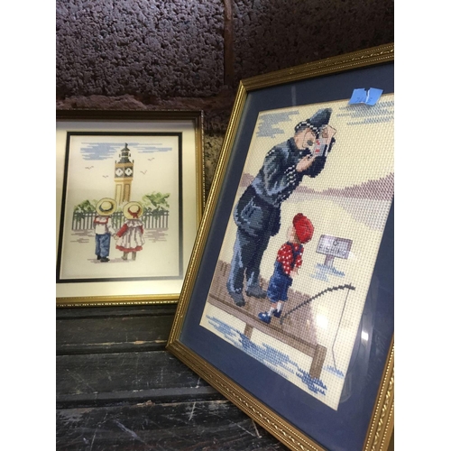 28 - 2 GILT FRAMED SMALL EMBROIDERED PICTURES OF POLICEMAN, CHRISTOPHER ROBIN & ALICE IN LONDON & A MODER... 