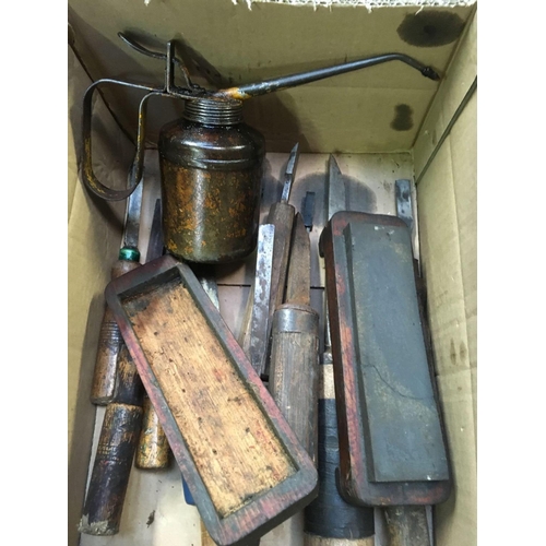 33 - CARTON WITH OIL CAN, CHISELS & A CRACKED OIL STONE