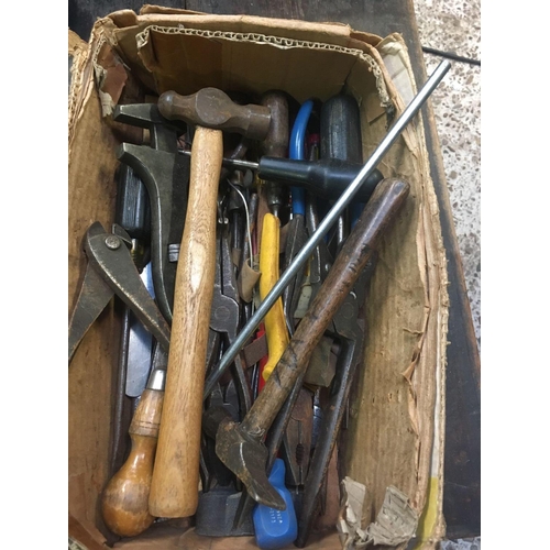35 - CARTON OF MISC HAND TOOLS INCL; HAMMERS WRENCHES, PLIERS, SCREWDRIVERS