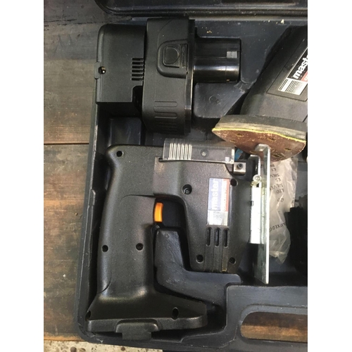 36 - POWER MASTER CORDLESS DRILL, SANDER, JIGSAW, ALL CORDLESS IN A BLACK CARRY CASE