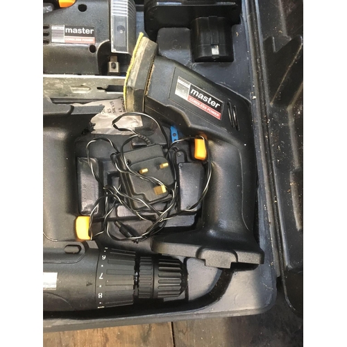36 - POWER MASTER CORDLESS DRILL, SANDER, JIGSAW, ALL CORDLESS IN A BLACK CARRY CASE