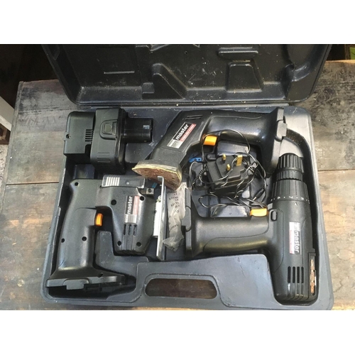 36 - POWER MASTER CORDLESS DRILL, SANDER, JIGSAW, ALL CORDLESS IN A BLACK CARRY CASE