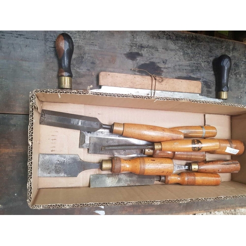 44 - CARTON OF VINTAGE WOOD CHISELS INCL; MARPLES & A VINTAGE DRAWER KNIFE WITH LIGNUM VITAE