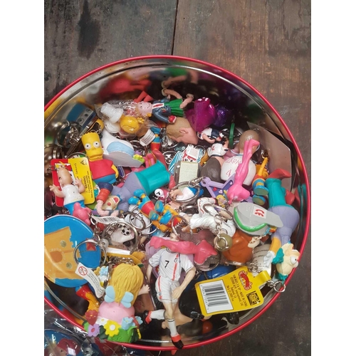48 - TIN OF VARIOUS NOVELTY KEY RINGS