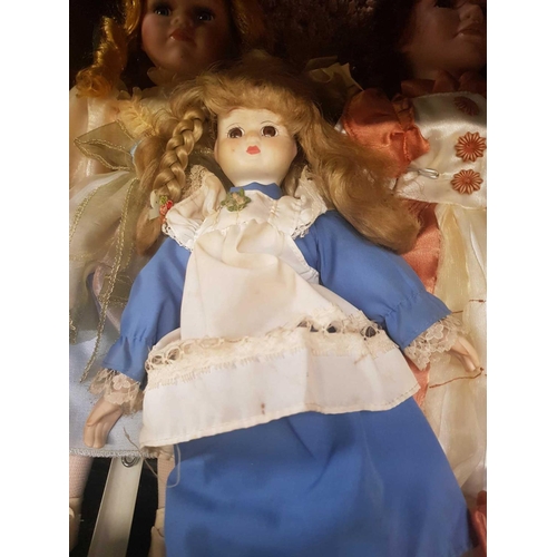 53 - SHELF OF MISC PORCELAIN DOLLS ON STANDS & 1 OTHER PLASTIC IN BOX