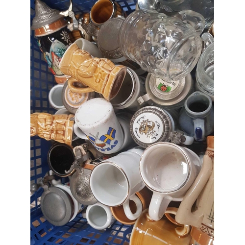 58 - CARTON OF MISC MINIATURE STEINS, GLASS & CHINA MUGS ETC