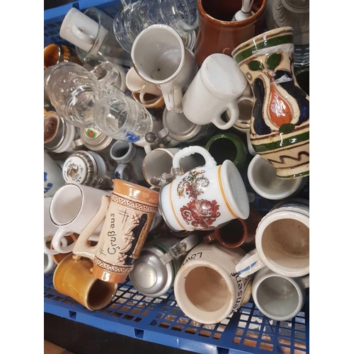 58 - CARTON OF MISC MINIATURE STEINS, GLASS & CHINA MUGS ETC