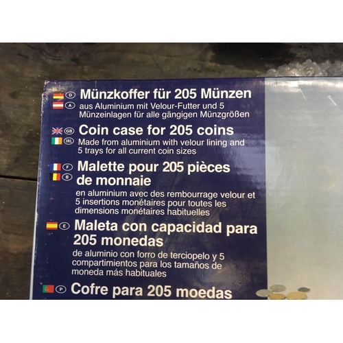 8 - ALUMINIUM COIN CASE FOR 205 COINS, NEW IN BOX (KEY IN OFFICE)