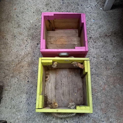 127 - 2 WOODEN PLANTERS WITH ROPE HANDLES, APPROX 13'' SQUARE X 9'' TALL