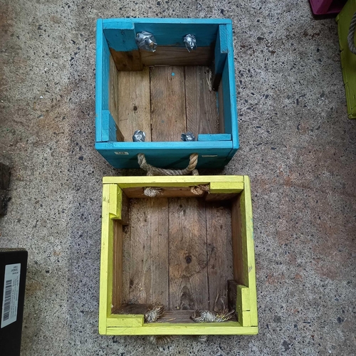 128 - 2 WOODEN PLANTERS WITH ROPE HANDLES, APPROX 13'' SQUARE & 9'' TALL